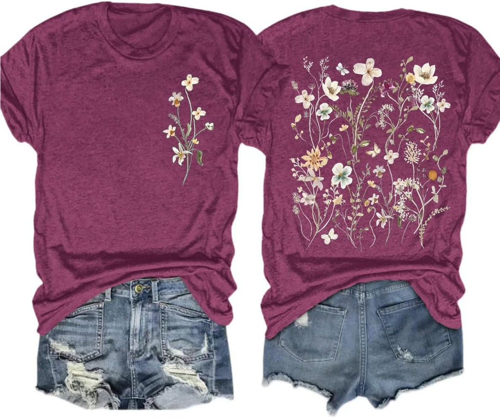 Women's Vintage Flowers Shirt Casual Boho Floral Printed T-Shirt Sunflower Wildflowers Graphic Tees Tops for Girl