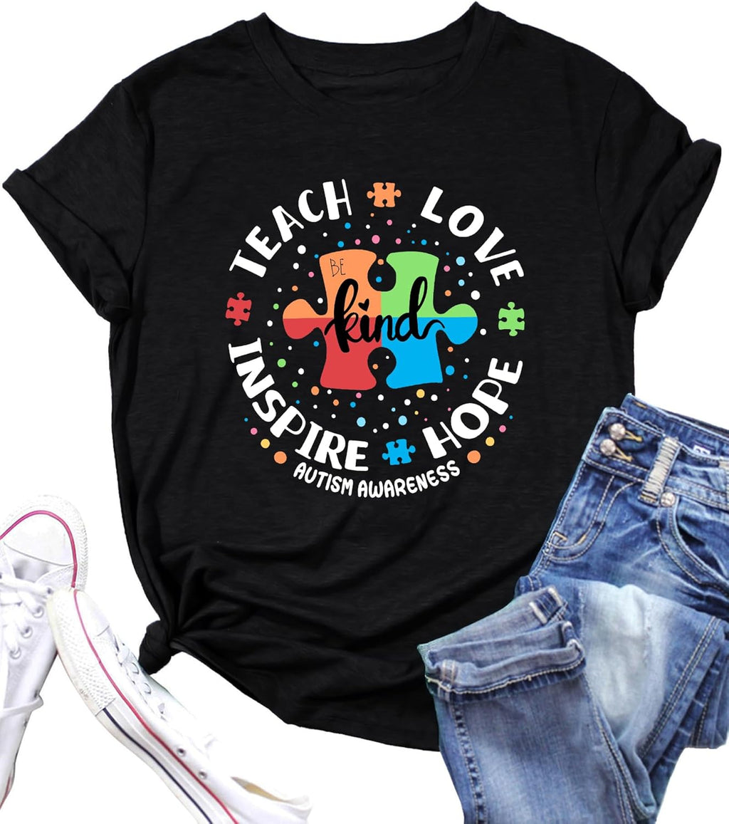 Womens Autism Awareness Teacher Shirts Be Kind T-Shirts Teach Hope Love Inspire Graphic Tees Tops