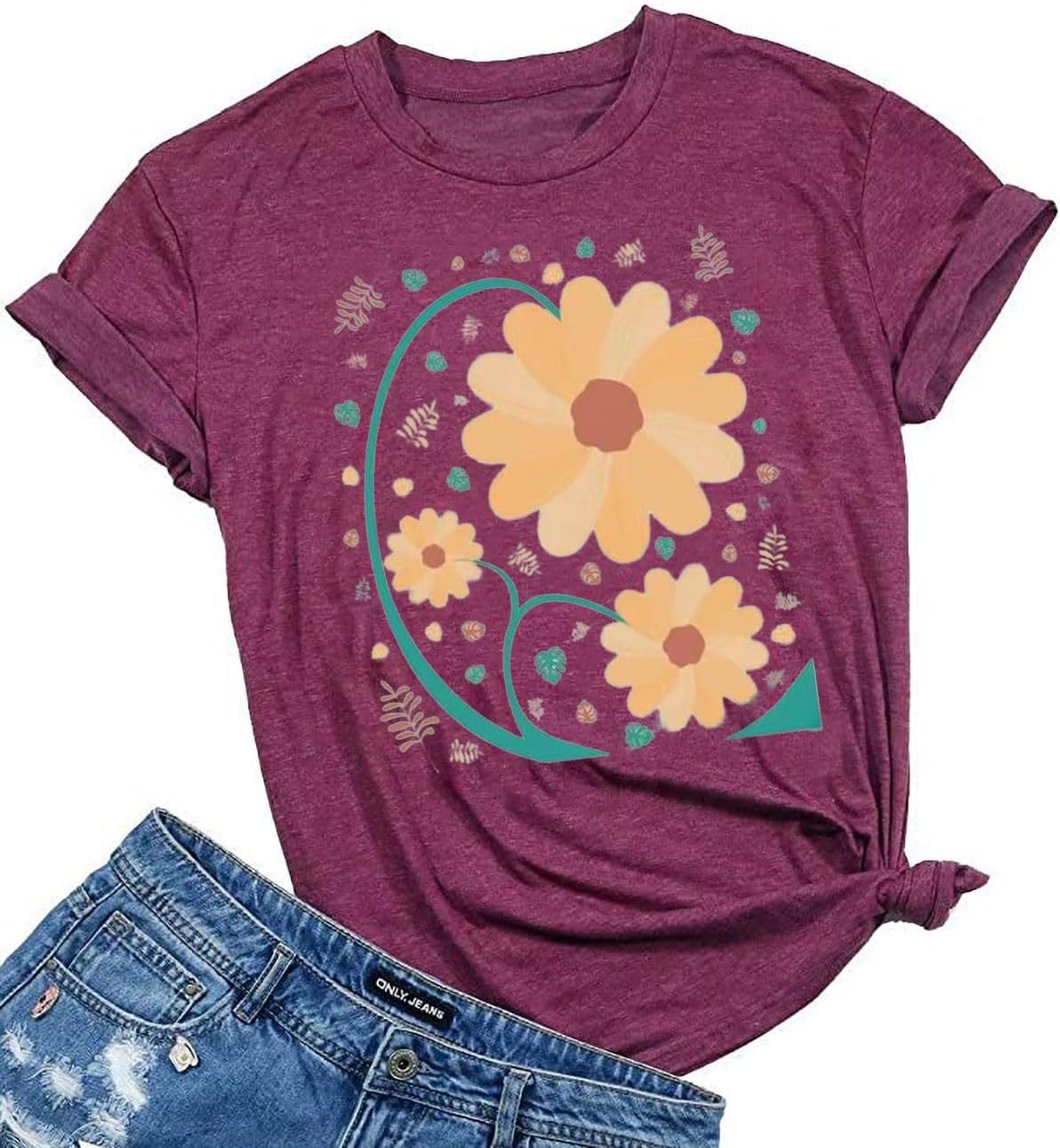 Women's Vintage Flowers Shirt Casual Boho Floral Printed T-Shirt Sunflower Wildflowers Graphic Tees Tops for Girl