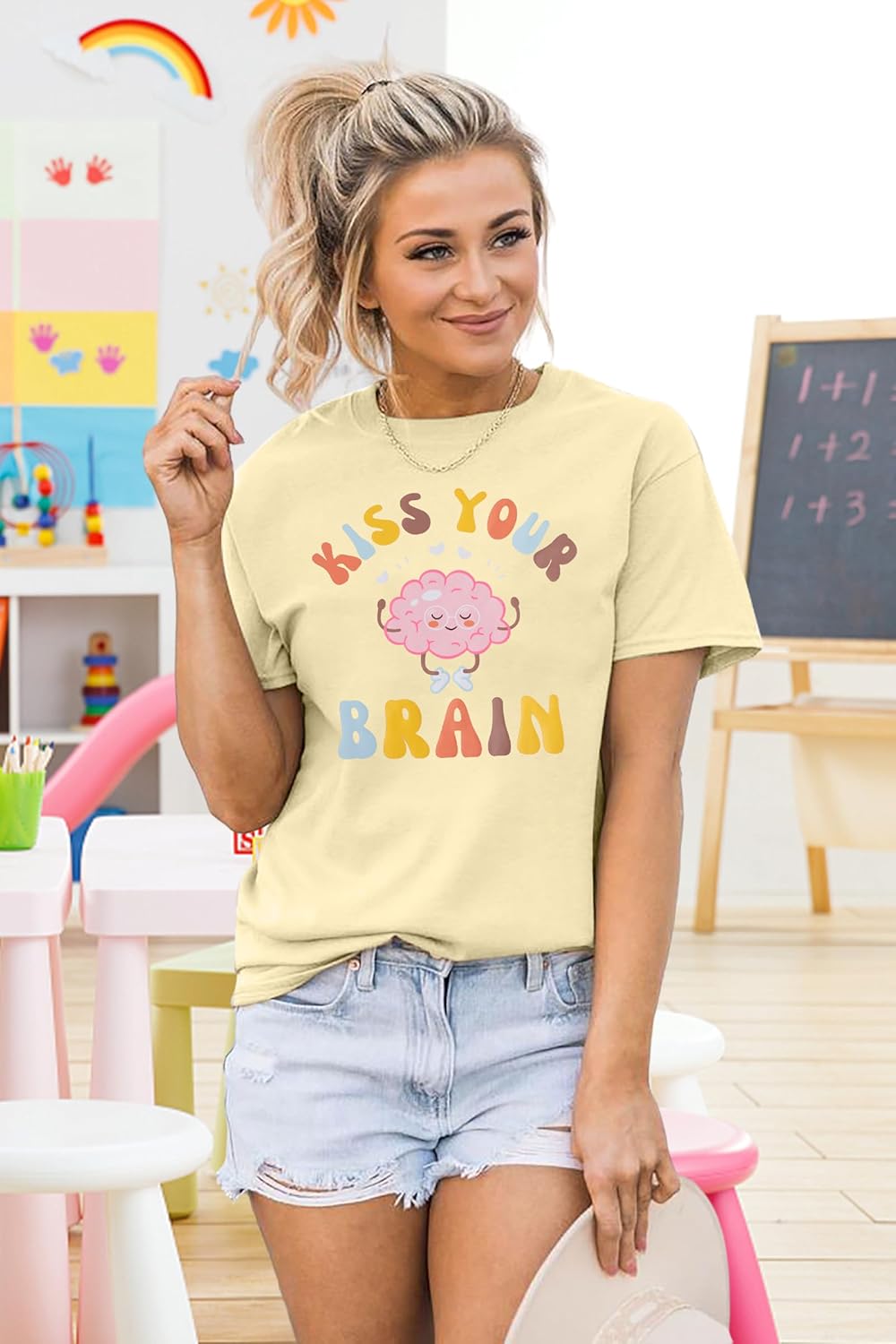 FLOYU Women Teacher Shirts Kiss Your Brain Teacher Shirt Special Education Teacher Tops Casual Teacher Life Clothes