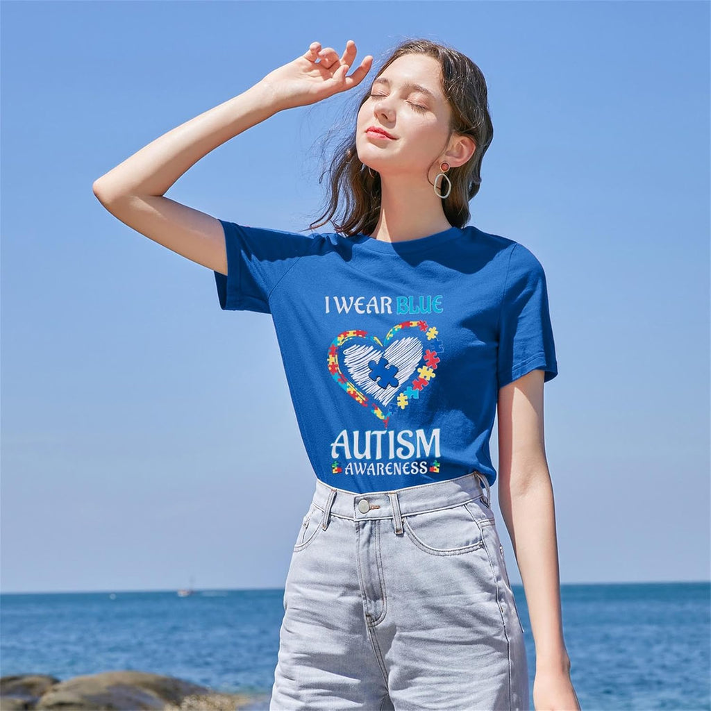Autism Awareness Shirt Women Blue Ribbon T-Shirt I Wear Blue Tshirt Autism Support Tee Causal Short Sleeve Tee Tops