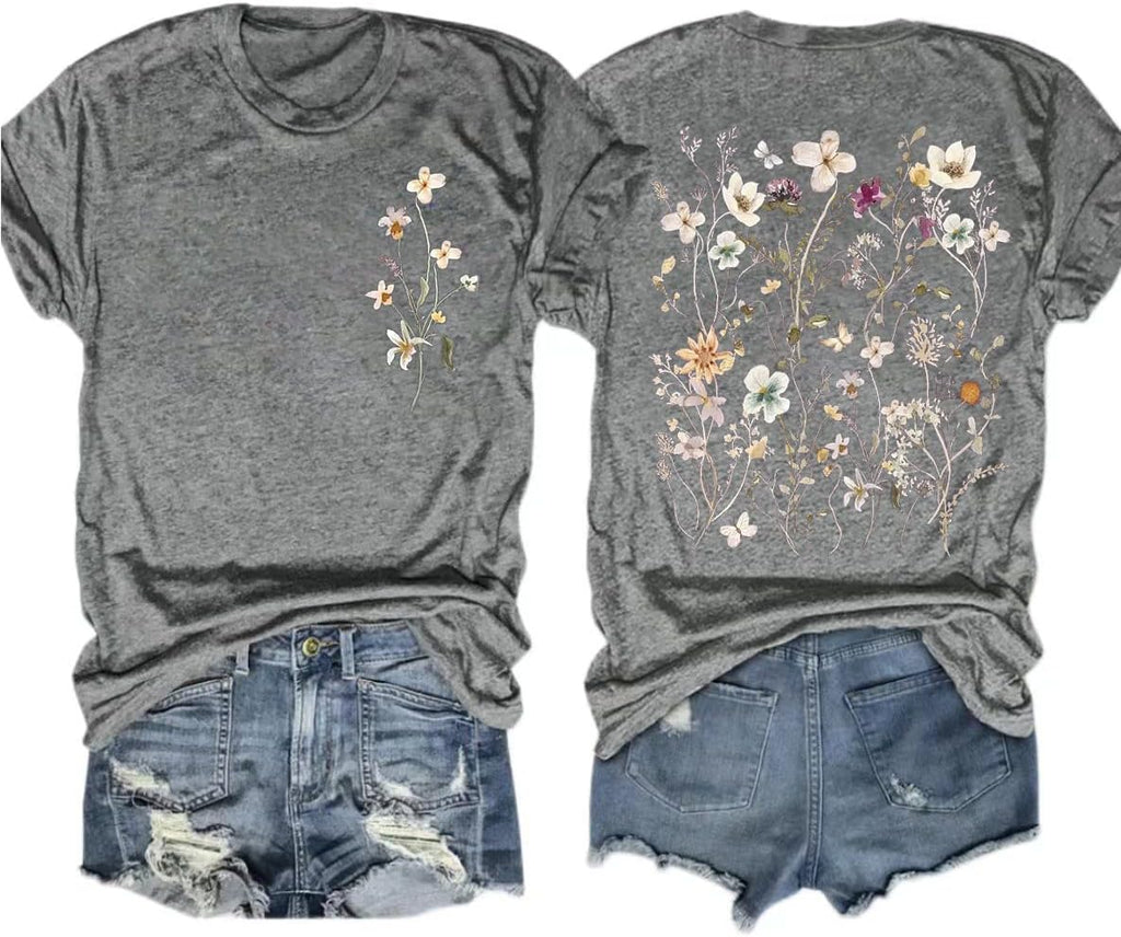 Women's Vintage Flowers Shirt Casual Boho Floral Printed T-Shirt Sunflower Wildflowers Graphic Tees Tops for Girl