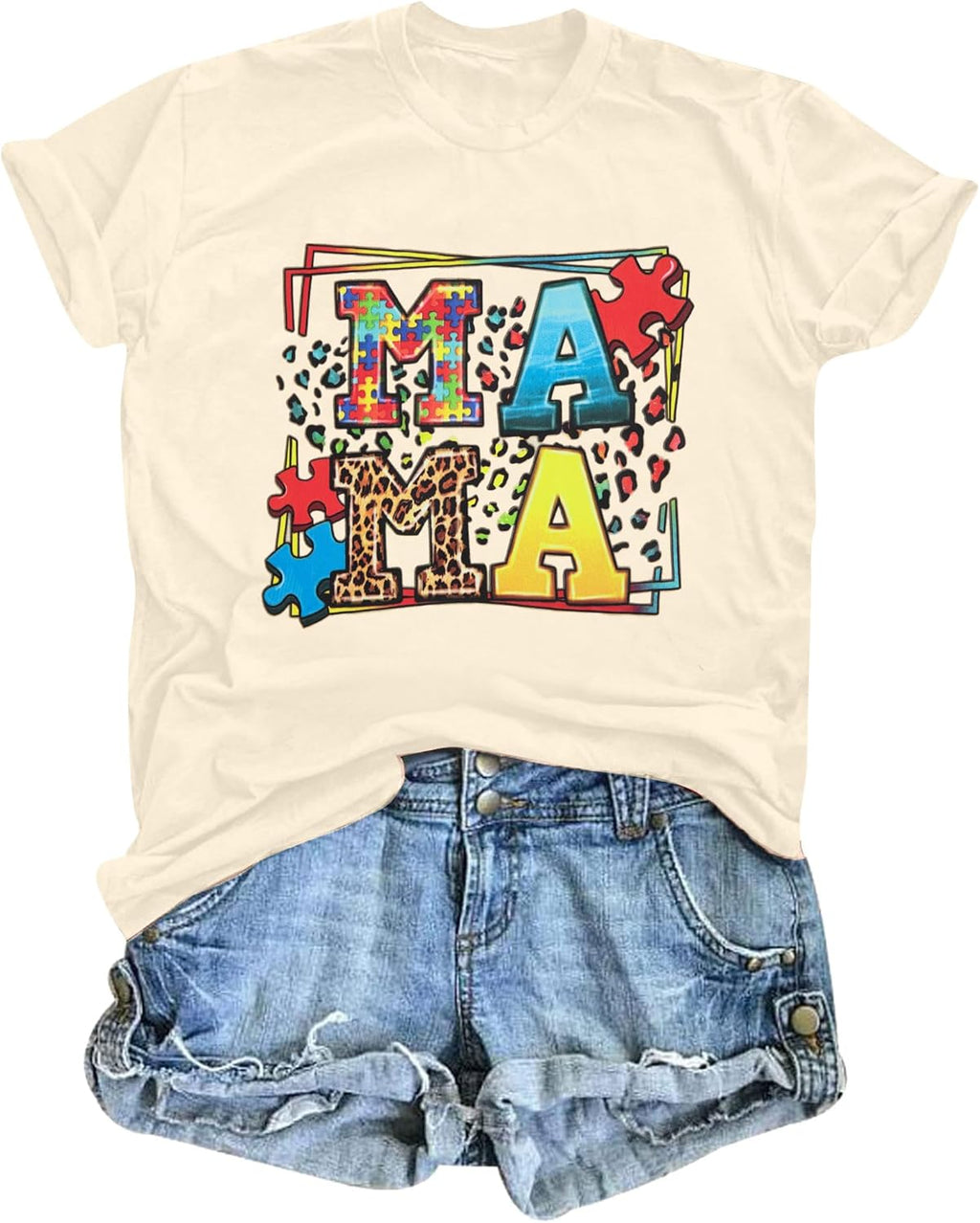 MOUSYA Autism Mama Shirt Autism Awareness T Shirt Puzzle Piece Bleached Graphic Tee Mental Health Short Sleeve Shirt
