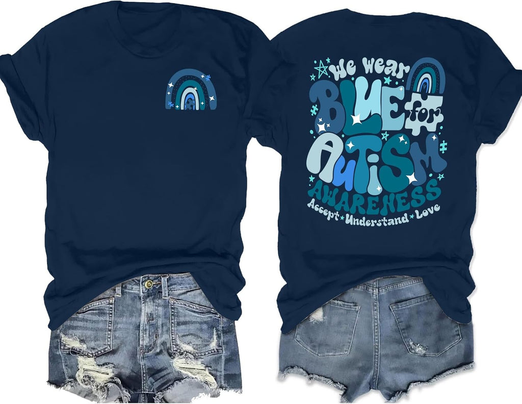 LAZYCHILD Autism Awareness Shirt for Women: Blue Autism Awareness Shirts We Wear Blue T-Shirt Puzzle Piece Tee Tops