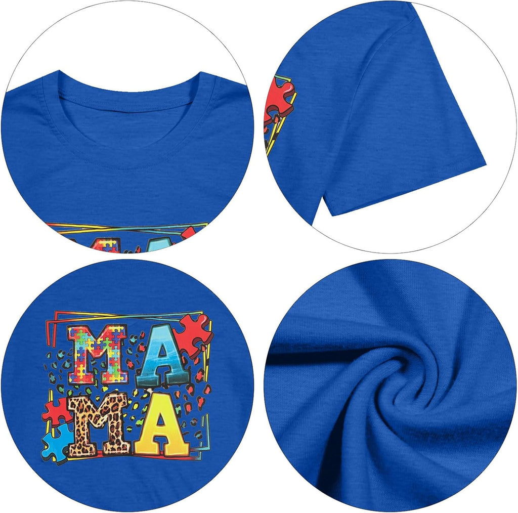 MOUSYA Autism Mama Shirt Autism Awareness T Shirt Puzzle Piece Bleached Graphic Tee Mental Health Short Sleeve Shirt