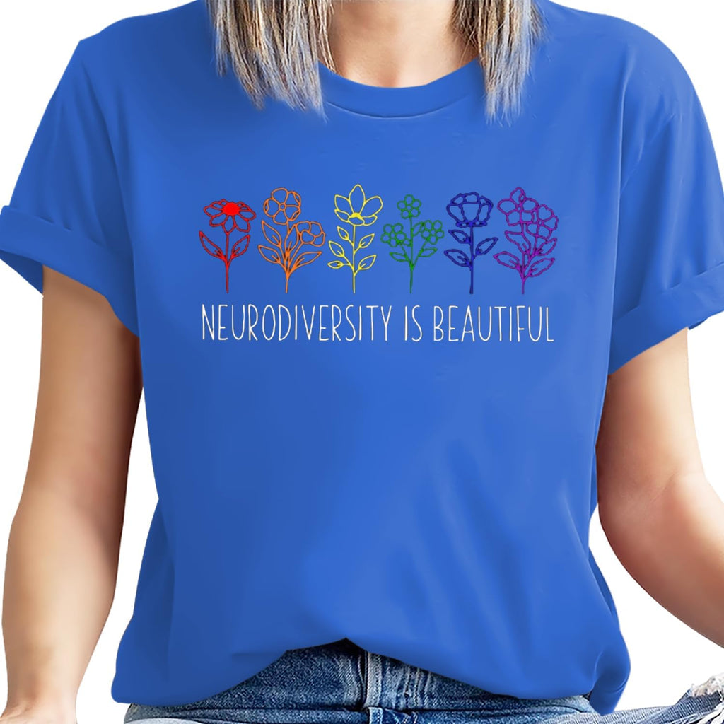 Autism Awareness Shirt Women Neurodiversity Rainbow Flower T-Shirts Special Education Teacher Gift Tee Tops