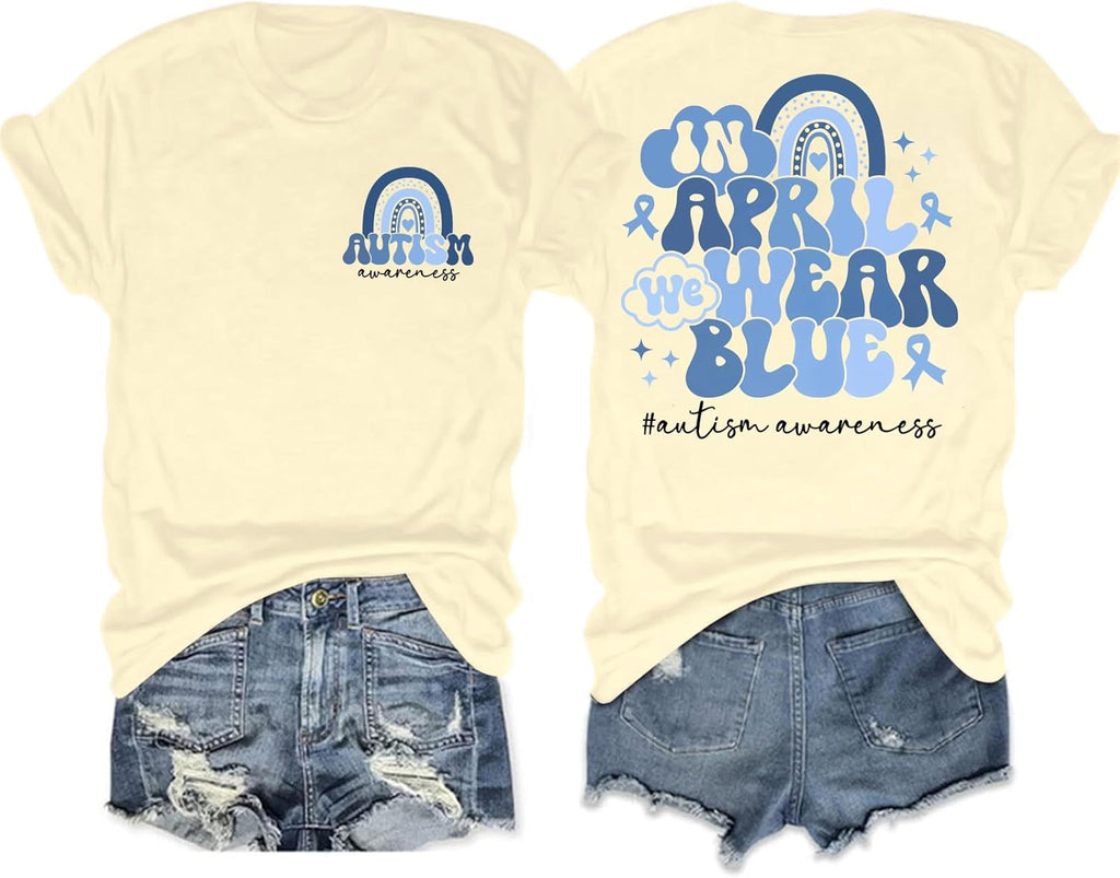 Autism Awareness Shirt Women in April We Wear Blue Shirts Special Education Teacher Shirt Autism Puzzle Short Sleeve Tops