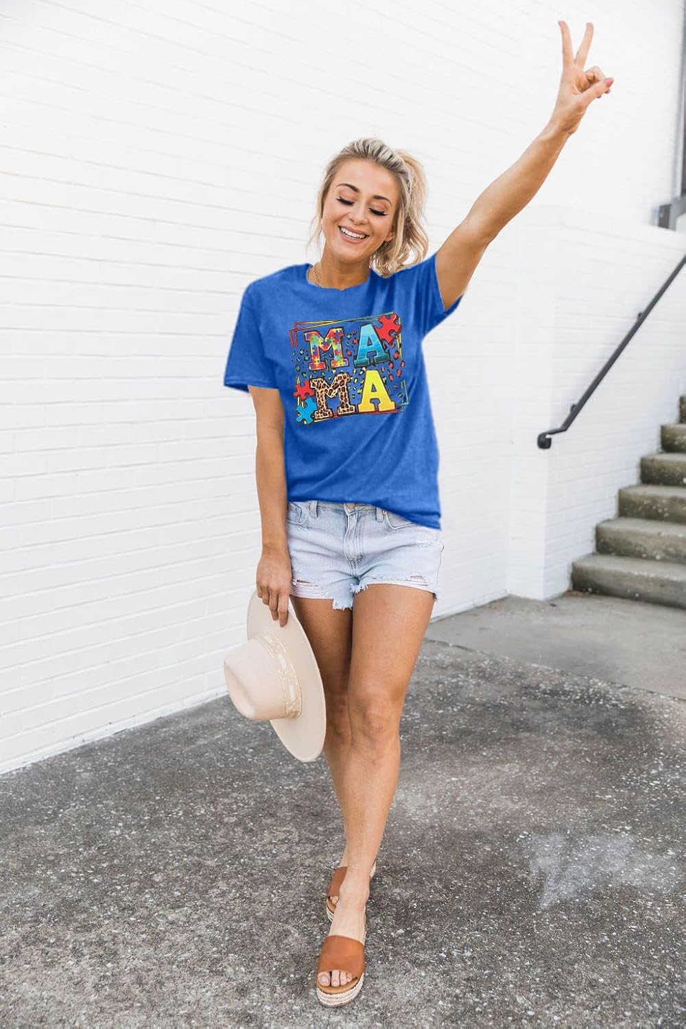 MOUSYA Autism Mama Shirt Autism Awareness T Shirt Puzzle Piece Bleached Graphic Tee Mental Health Short Sleeve Shirt