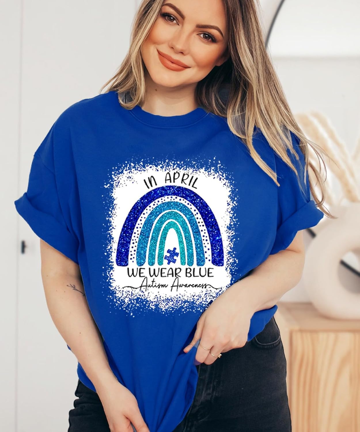 YZMI Autism Awareness Shirt Womens Autism Acceptance Month Grahic Short Sleeve Tee Tops