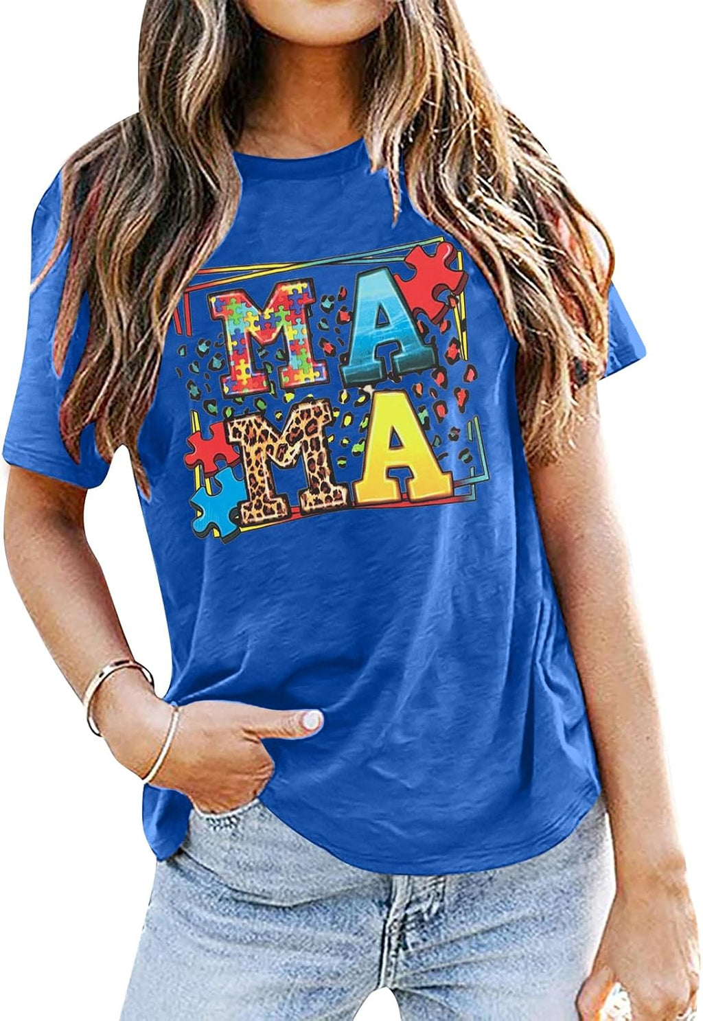 MOUSYA Autism Mama Shirt Autism Awareness T Shirt Puzzle Piece Bleached Graphic Tee Mental Health Short Sleeve Shirt