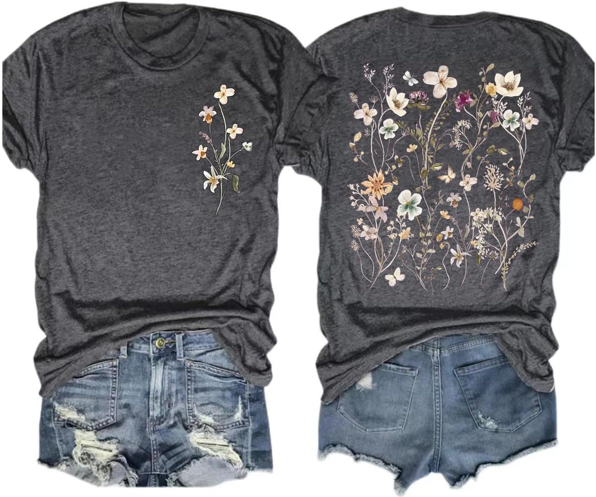 Women's Vintage Flowers Shirt Casual Boho Floral Printed T-Shirt Sunflower Wildflowers Graphic Tees Tops for Girl