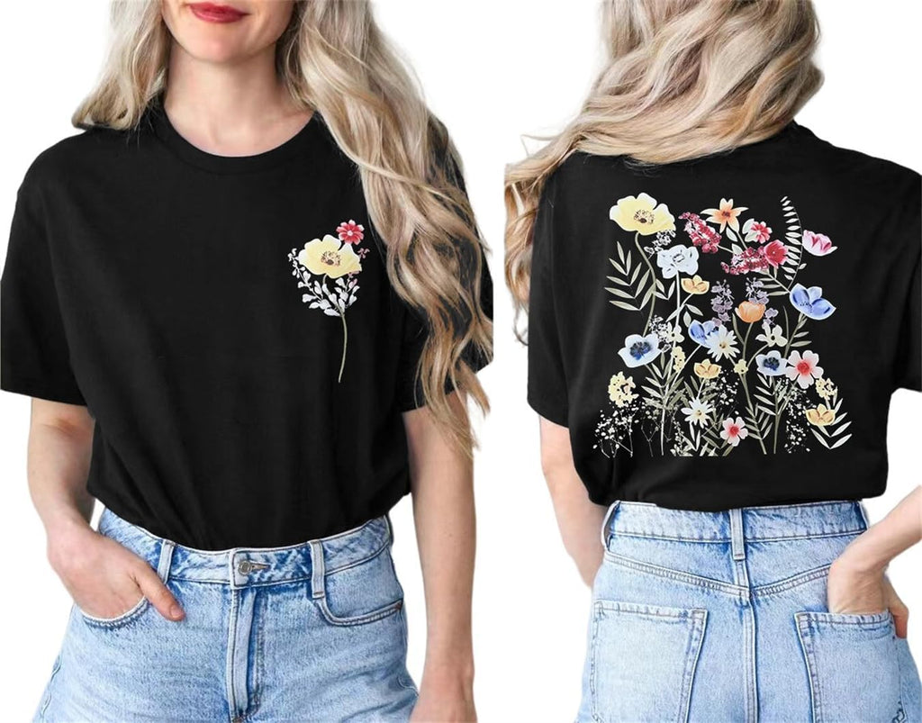 Women's Vintage Flowers Shirt Casual Boho Floral Printed T-Shirt Sunflower Wildflowers Graphic Tees Tops for Girl