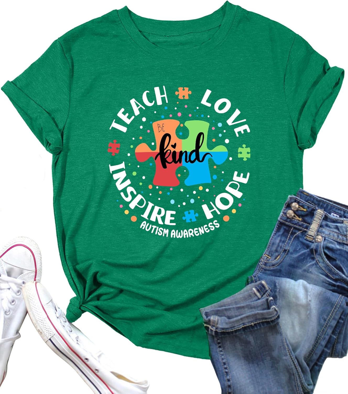 Womens Autism Awareness Teacher Shirts Be Kind T-Shirts Teach Hope Love Inspire Graphic Tees Tops