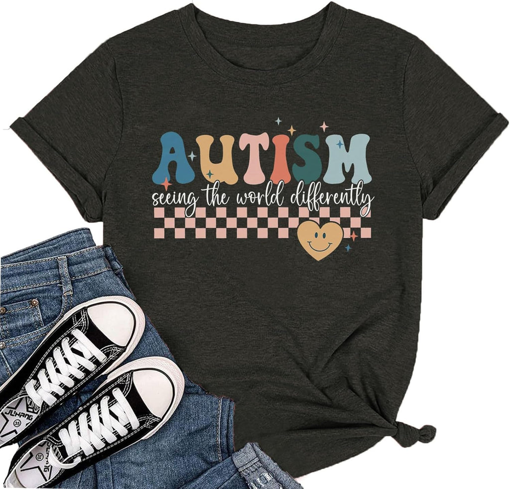 YZMI Autism Awareness Shirt Womens Autism Acceptance Month Grahic Short Sleeve Tee Tops