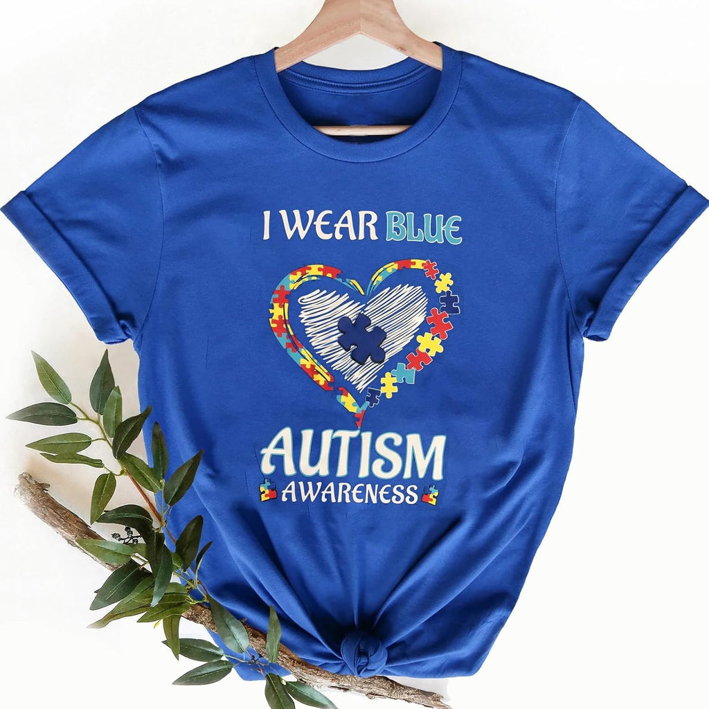 Women Autism Shirt We Wear Blue for Autism Awareness T-Shirt Accept Understand Love Lettter Print Inclusion Tees Tops