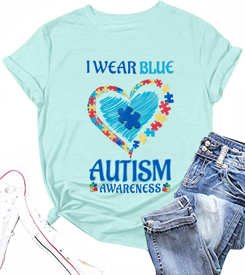 Autism Awareness Shirt Women Blue Ribbon T-Shirt I Wear Blue Tshirt Autism Support Tee Causal Short Sleeve Tee Tops