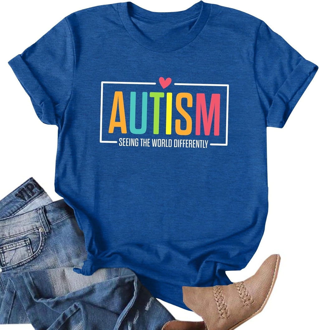 Ithalt Autism Awareness Shirt Women Autistic Mom Tshirt Seeing The World Differently T-Shirt Inspirational Tops