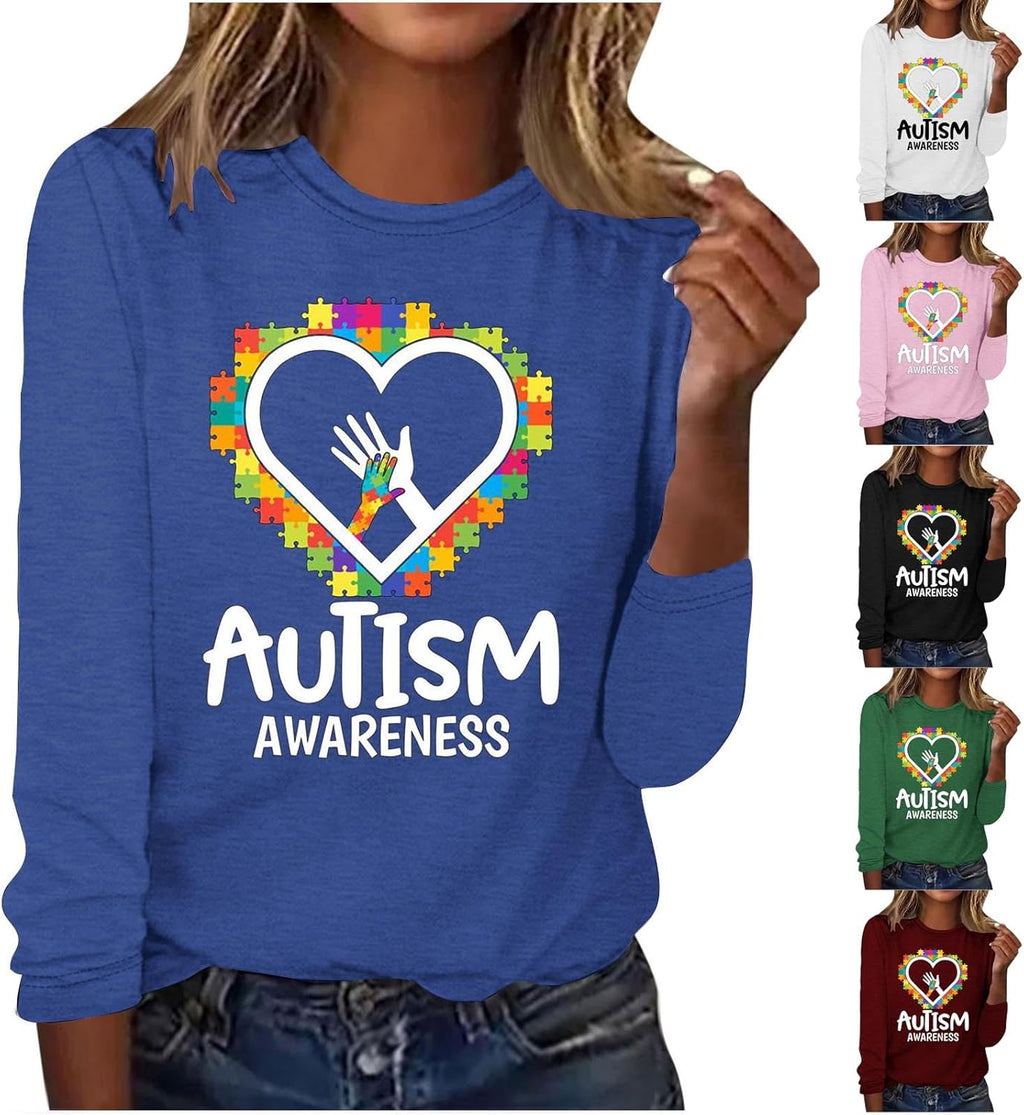 DASAYO Long Sleeve Shirts for Women Crew Neck Casual Blouses Autism Awareness Fashion Tops