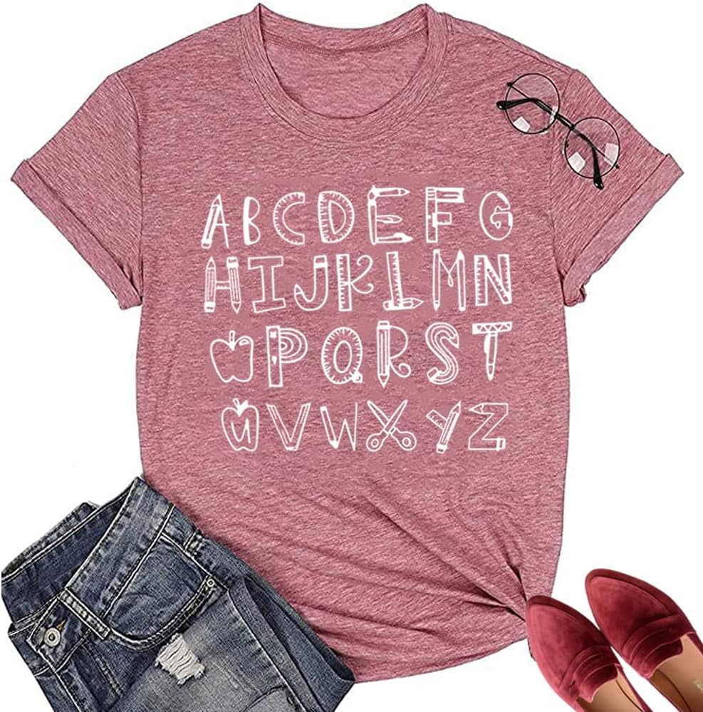 Teacher Shirt ABC Alphabet Elemeno Women Letter Print Graphic Tee Tops Teachers Gift Student T-Shirt Blouse