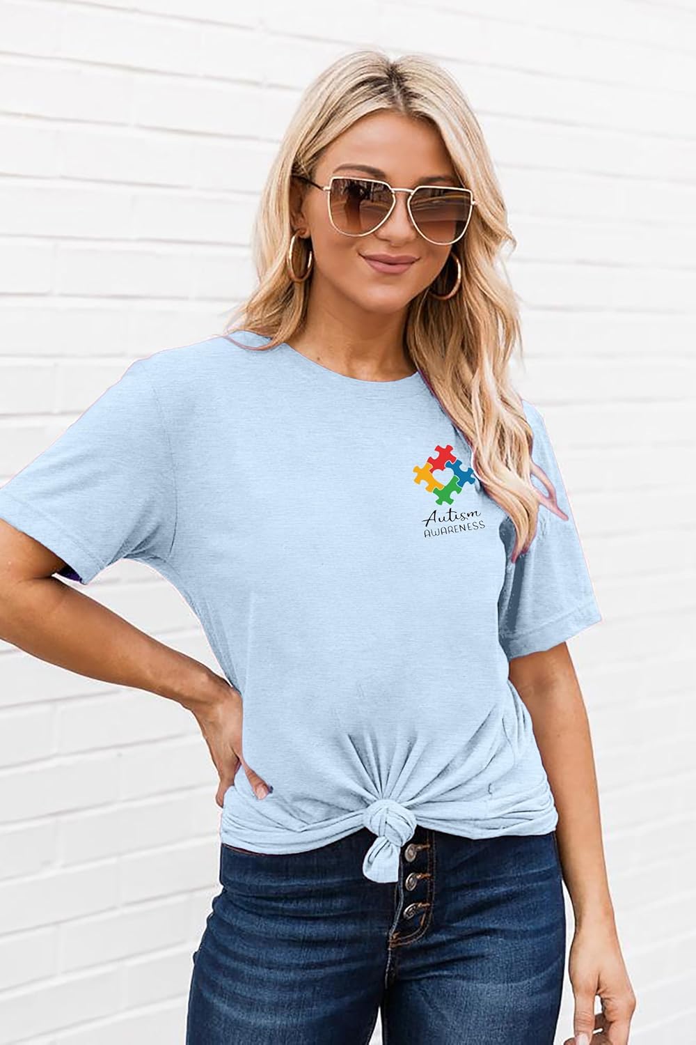 Autism Awareness Shirt Women in April We Wear Blue Shirts Special Education Teacher Shirt Autism Puzzle Short Sleeve Tops