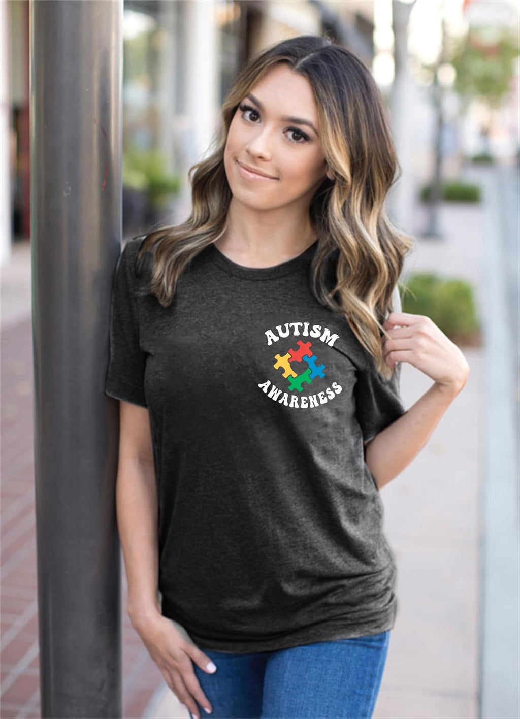 Autism Awareness Shirt Women in April We Wear Blue Shirt Autism Mom Tee Autism Puzzle Graphic Short Sleeve Tops