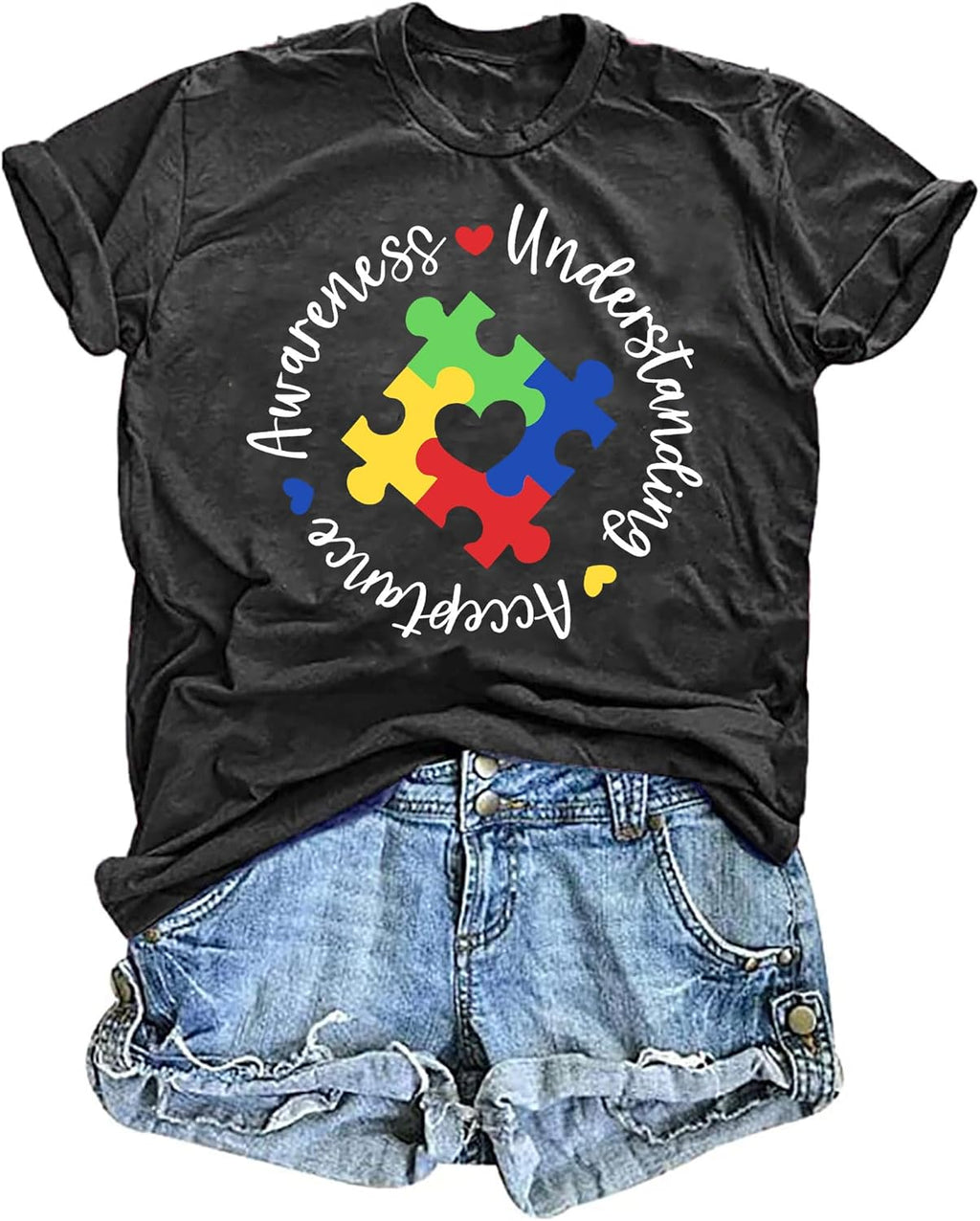 Autism Awareness Shirts Women Autistic Support Tshirt Puzzle Piece Heart Graphic Inspirational Tops