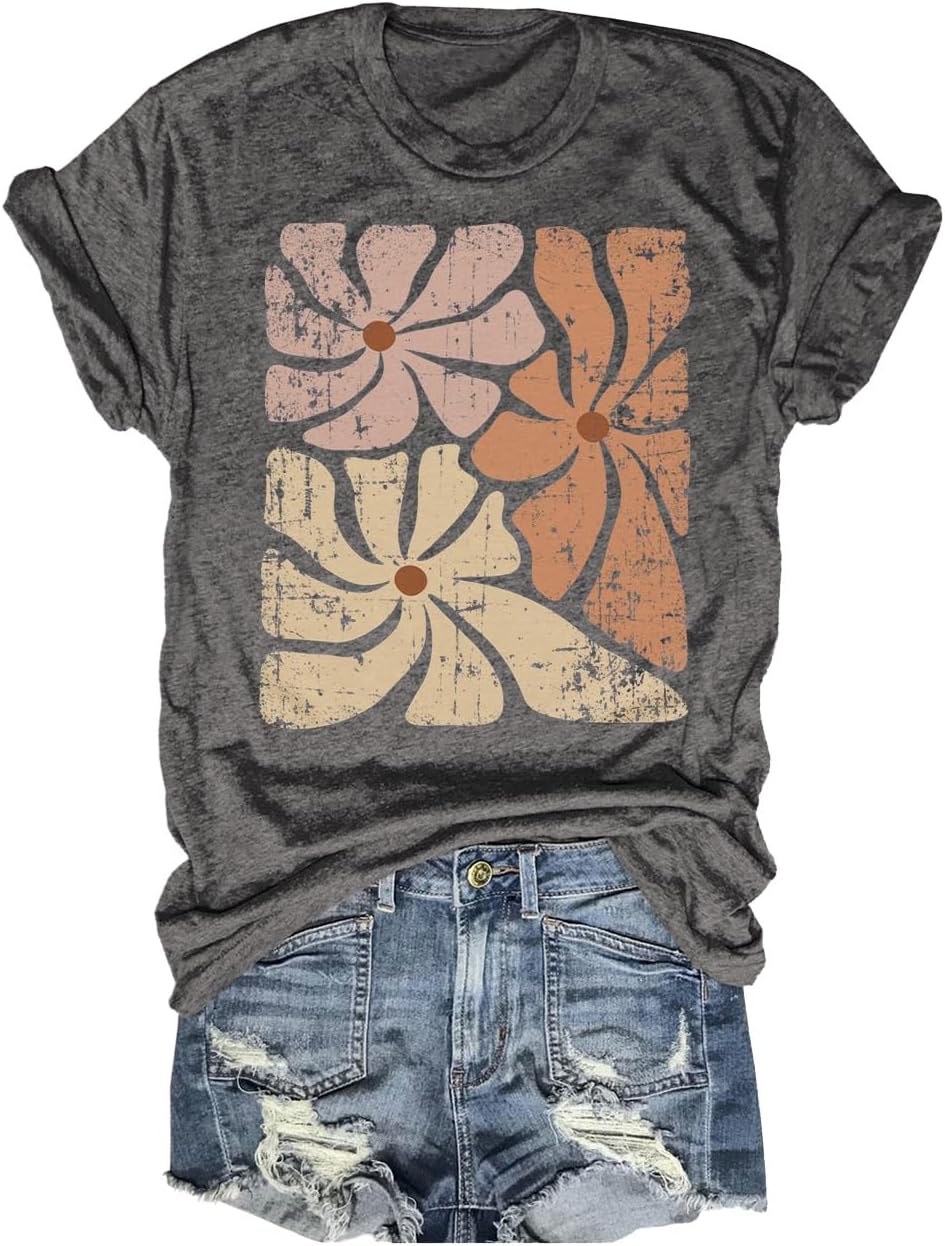 Women's Vintage Flowers Shirt Casual Boho Floral Printed T-Shirt Sunflower Wildflowers Graphic Tees Tops for Girl