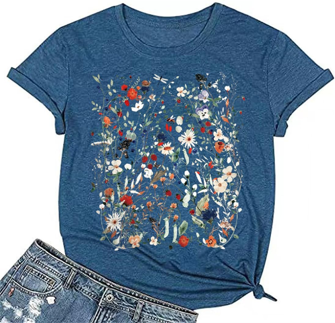 Women's Vintage Flowers Shirt Casual Boho Floral Printed T-Shirt Sunflower Wildflowers Graphic Tees Tops for Girl