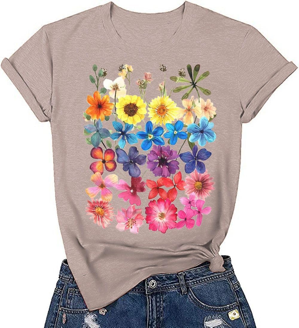 Women's Vintage Flowers Shirt Casual Boho Floral Printed T-Shirt Sunflower Wildflowers Graphic Tees Tops for Girl