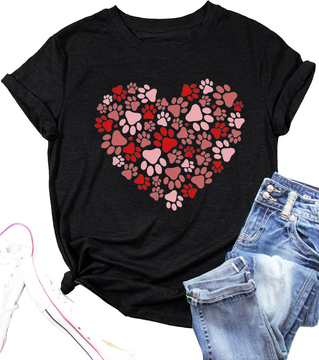 Dog Lovers Shirt for Women Cute Dog Paw Heart Graphic Shirt Dog Mom Valentine's Mother's Day Tops Spring Tee