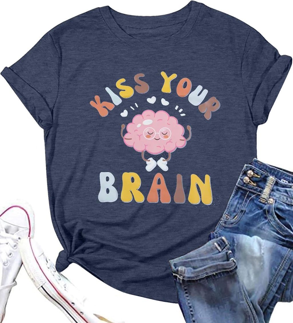 FLOYU Women Teacher Shirts Kiss Your Brain Teacher Shirt Special Education Teacher Tops Casual Teacher Life Clothes