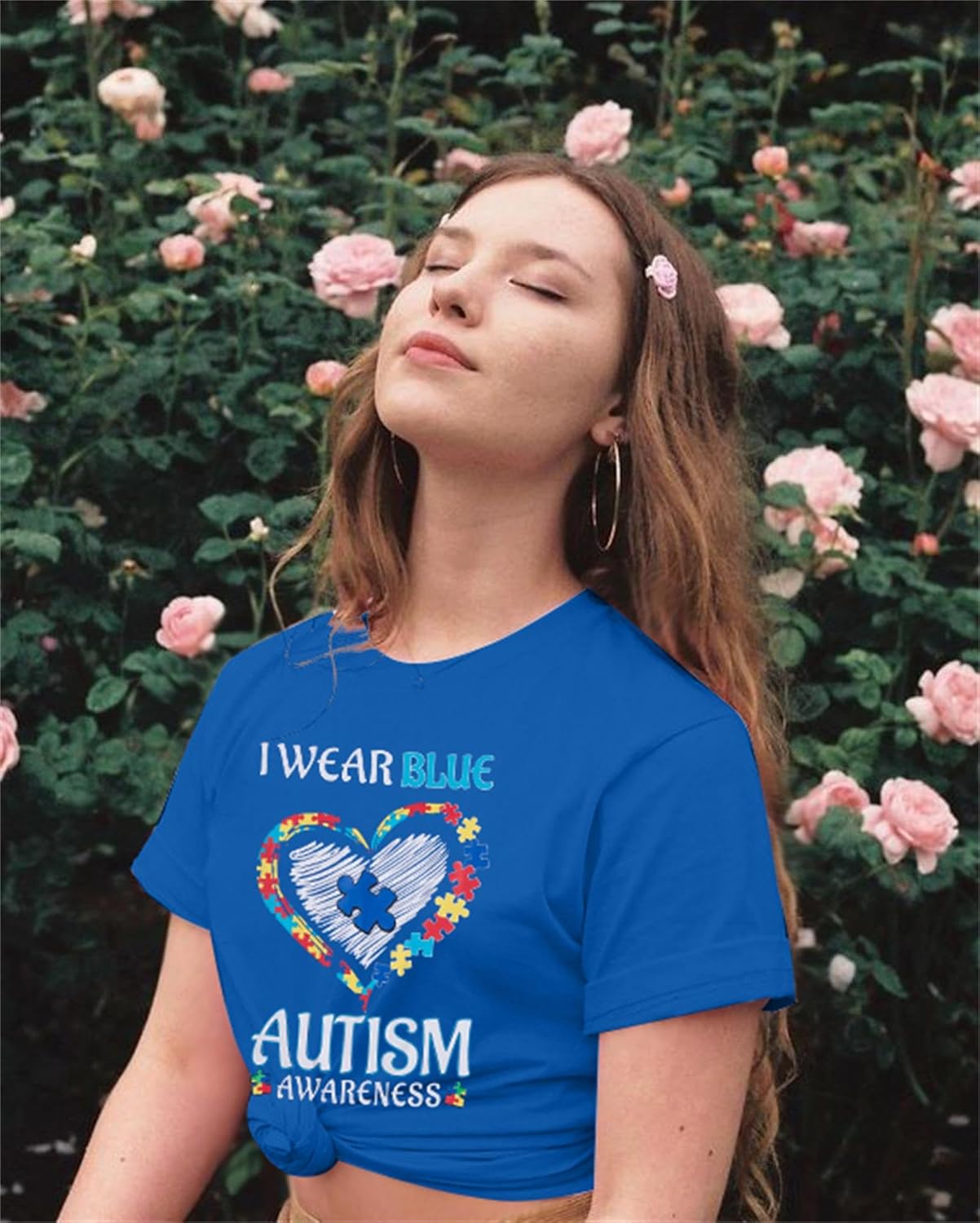 Autism Awareness Shirt Women Blue Ribbon T-Shirt I Wear Blue Tshirt Autism Support Tee Causal Short Sleeve Tee Tops