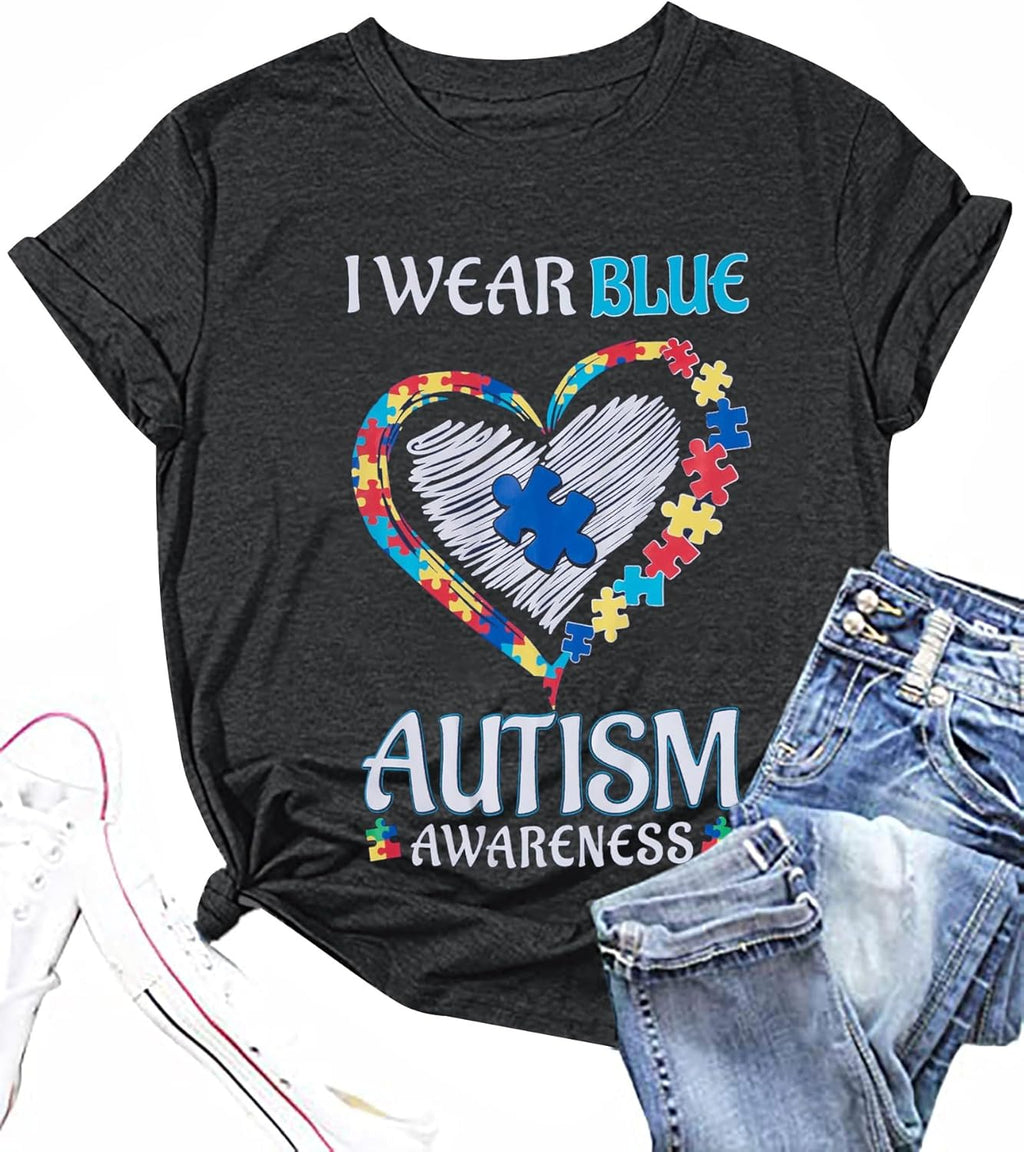 Autism Awareness Shirt Women Blue Ribbon T-Shirt I Wear Blue Tshirt Autism Support Tee Causal Short Sleeve Tee Tops