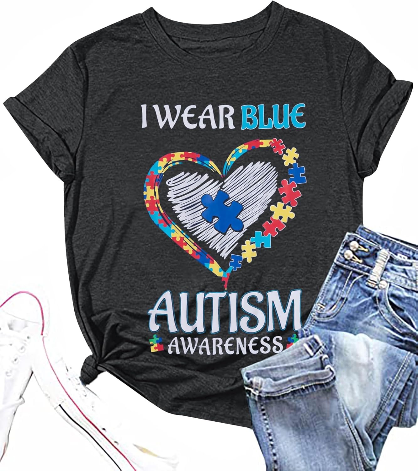 Autism Awareness Shirt Women Blue Ribbon T-Shirt I Wear Blue Tshirt Autism Support Tee Causal Short Sleeve Tee Tops