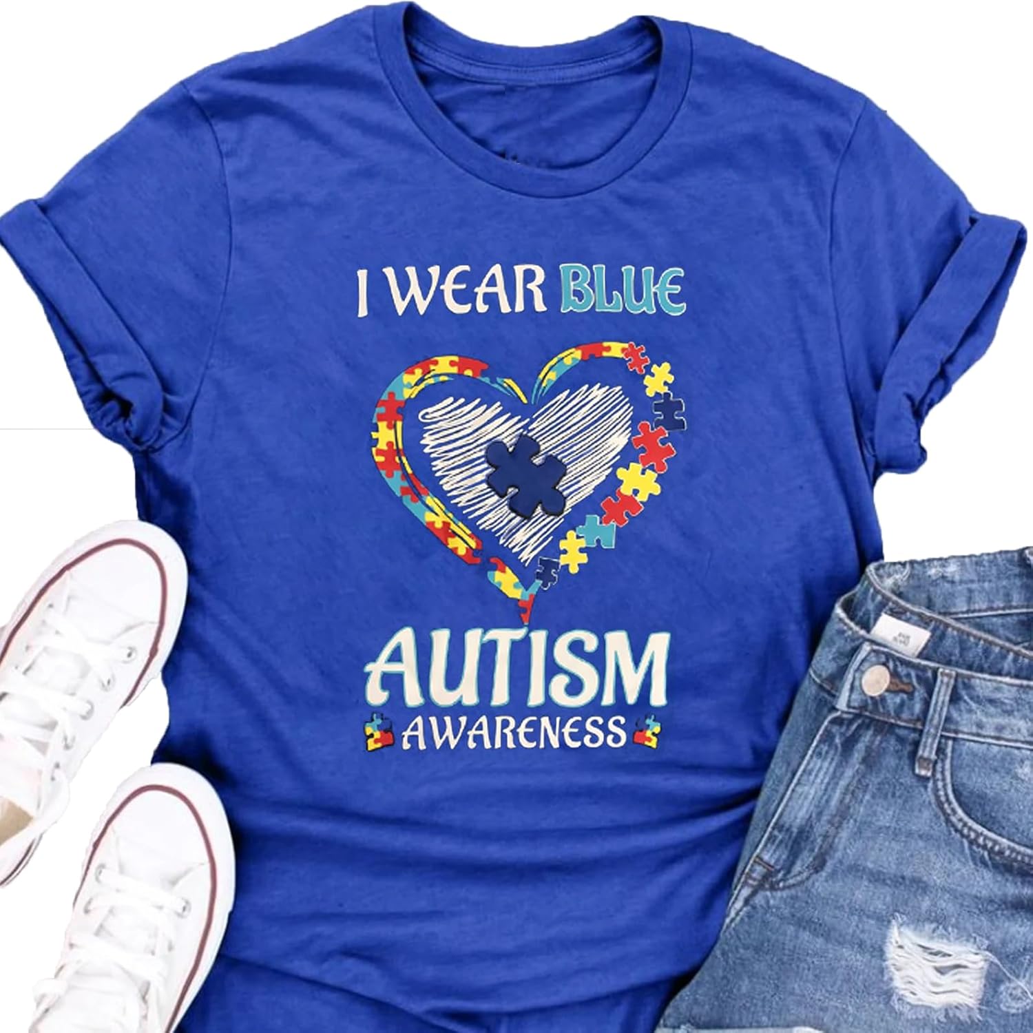 Women Autism Shirt We Wear Blue for Autism Awareness T-Shirt Accept Understand Love Lettter Print Inclusion Tees Tops