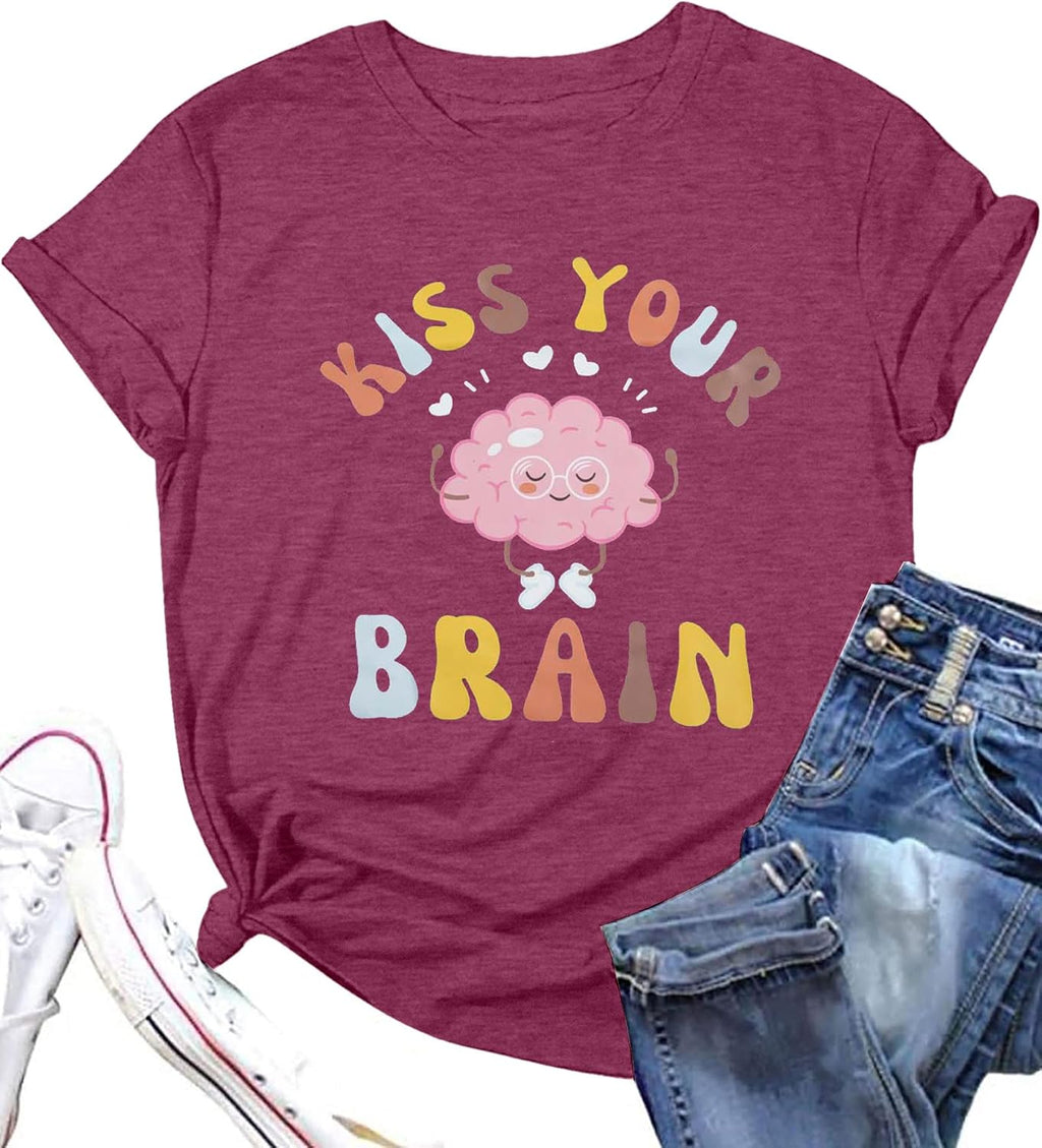 FLOYU Women Teacher Shirts Kiss Your Brain Teacher Shirt Special Education Teacher Tops Casual Teacher Life Clothes