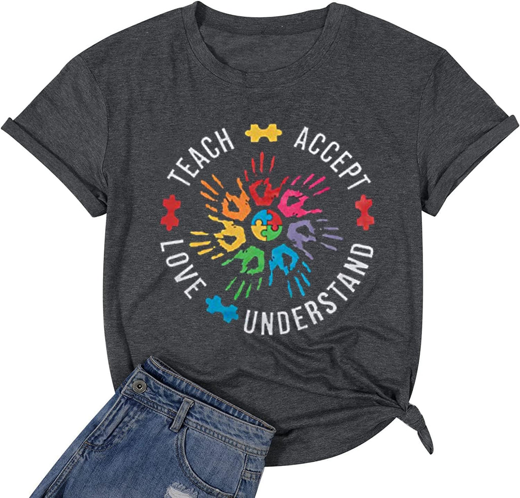 Everyone Communicates Differently T-Shirt Women Autism Awareness Shirt Autistic Support Shirt Funny Letter Print Tees