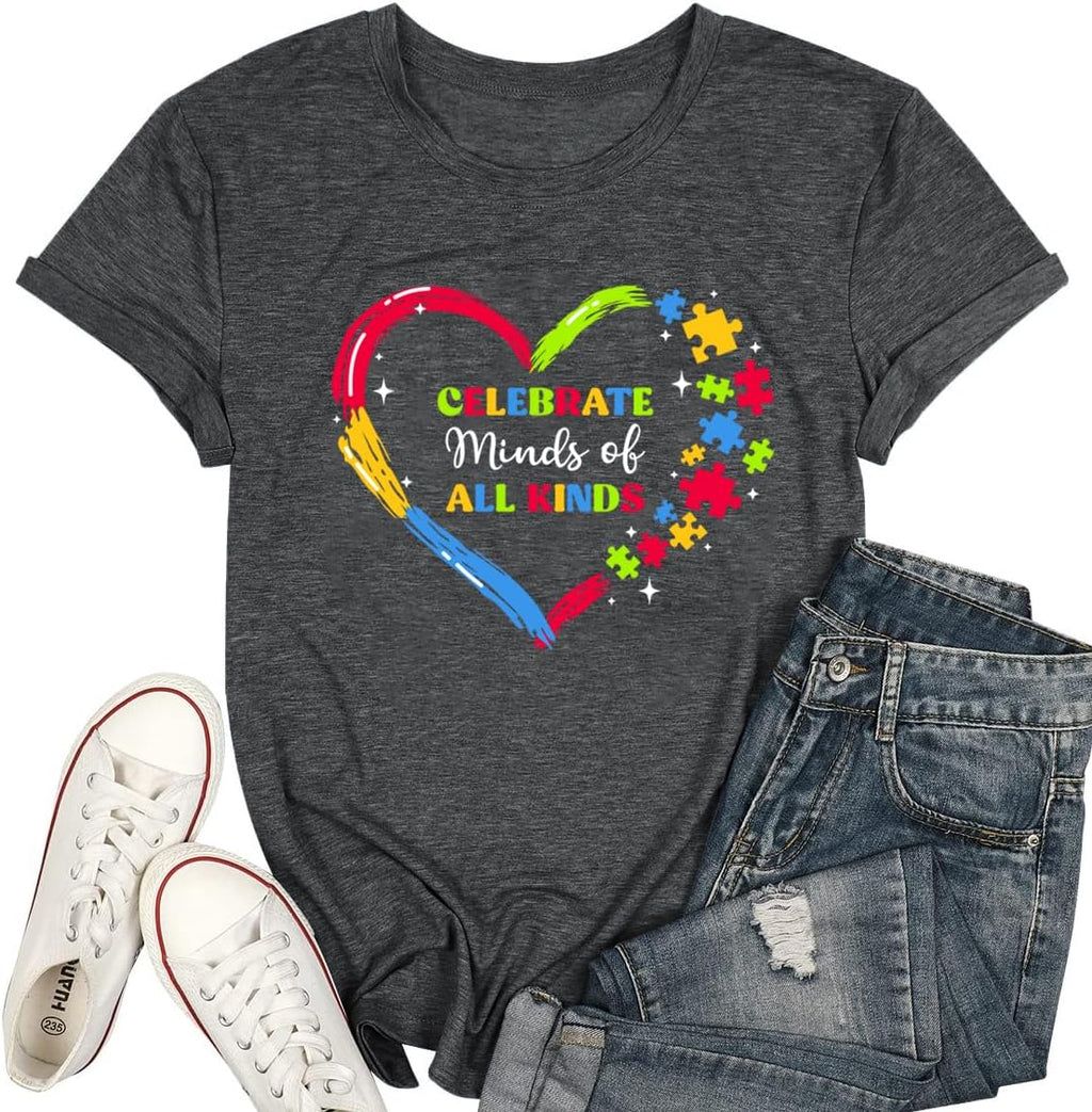 Ladicme Autism Awareness Shirt Women Autism Shirts Mom Autistic Acceptance T Shirt Mental Health Casual Tops Tee Outfit