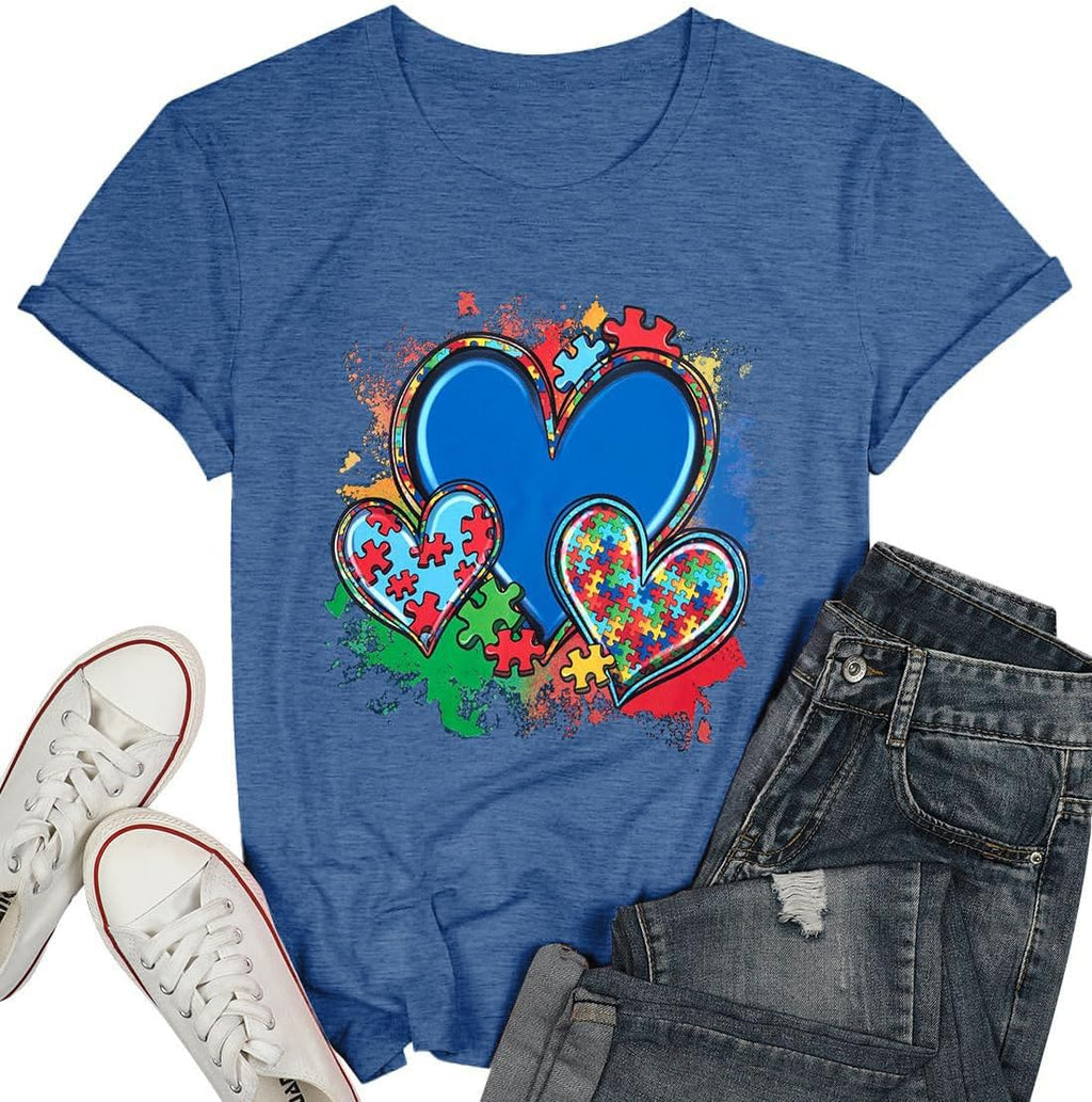 Autism Awareness Shirt Women Autistic Support Graphic T-Shirt Blue Heart Puzzle Inspirational Short Sleeve Tee Tops