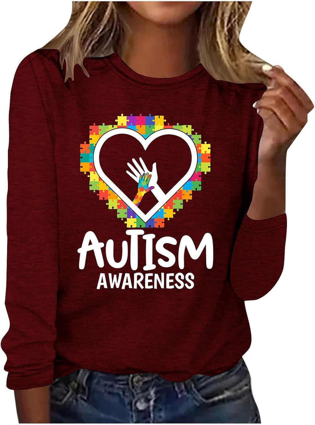 DASAYO Long Sleeve Shirts for Women Crew Neck Casual Blouses Autism Awareness Fashion Tops