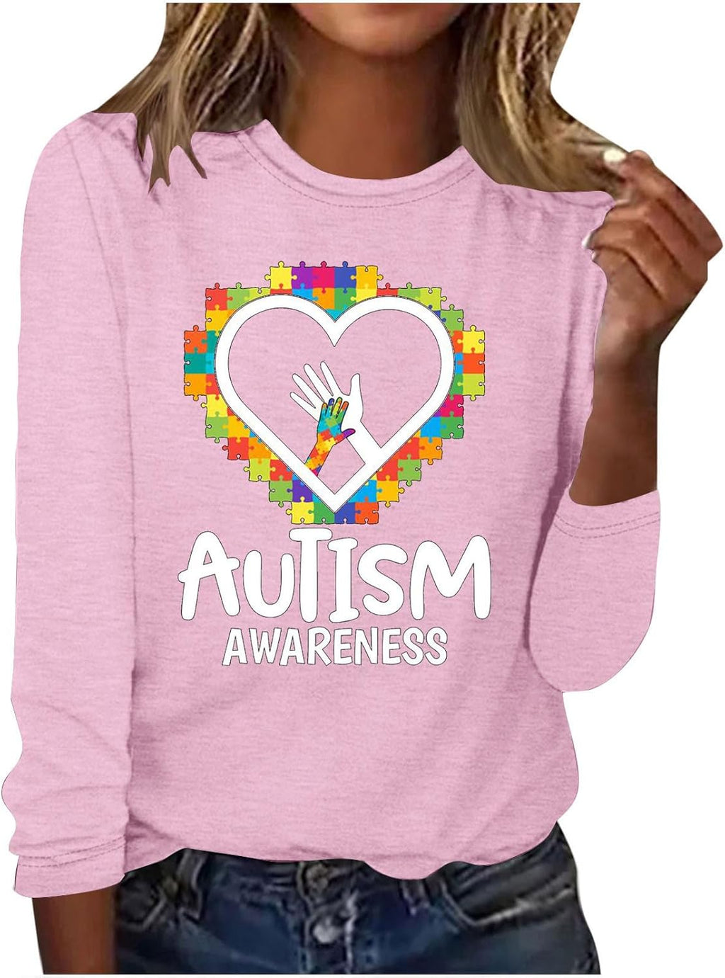 DASAYO Long Sleeve Shirts for Women Crew Neck Casual Blouses Autism Awareness Fashion Tops