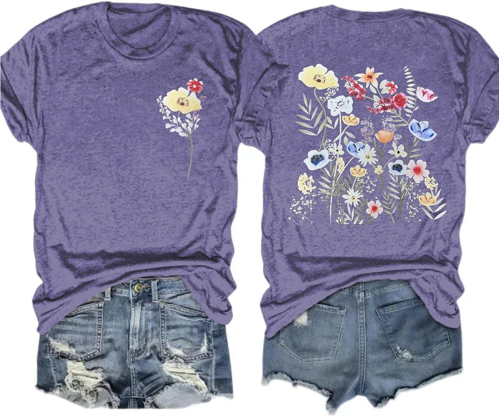 Women's Vintage Flowers Shirt Casual Boho Floral Printed T-Shirt Sunflower Wildflowers Graphic Tees Tops for Girl