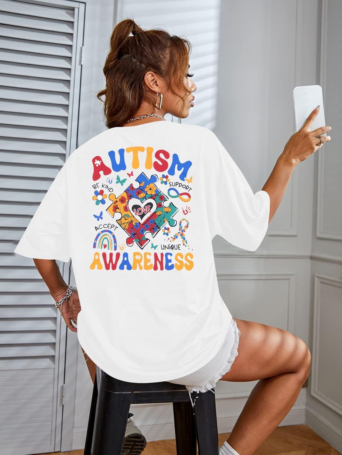 Autism Awareness Shirt Women Autism Mom Tshirt Accept Understand Love Tee Oversized Graphic Short Sleeve Tops