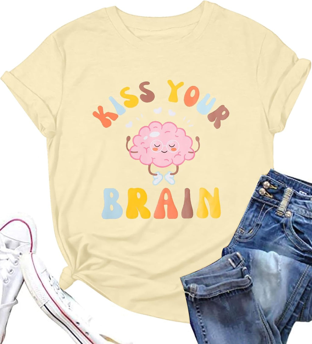 FLOYU Women Teacher Shirts Kiss Your Brain Teacher Shirt Special Education Teacher Tops Casual Teacher Life Clothes