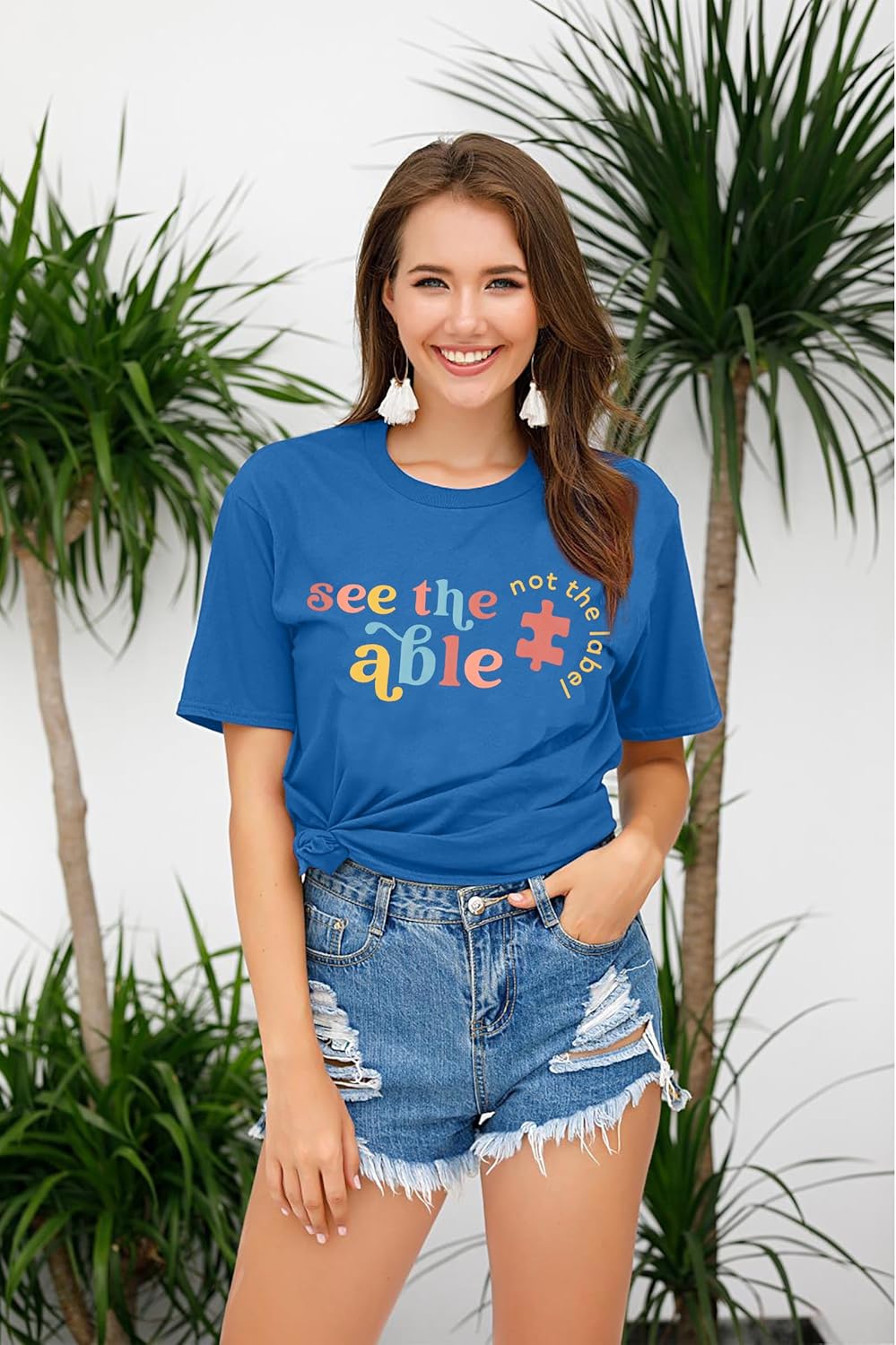 Autism Awareness Shirt Autistic Shirts: Women See The Able Not The Label Rainbow Tee Mental Health Support Short Sleeve Tops
