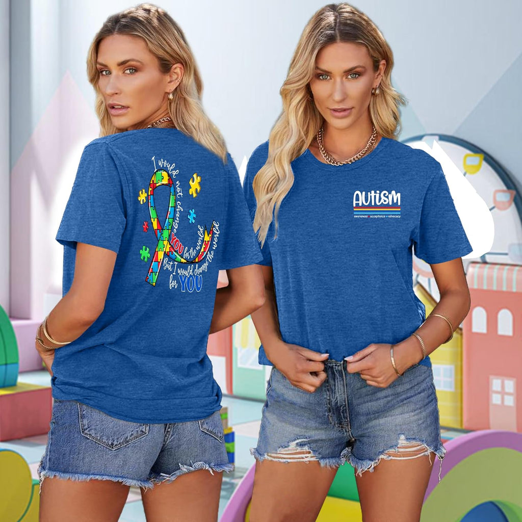 Ithalt Autism Awareness Shirt for Women I Wear Blue Tshirt Autistic Mom T-Shirt Puzzle Piece Short Sleeve Tops