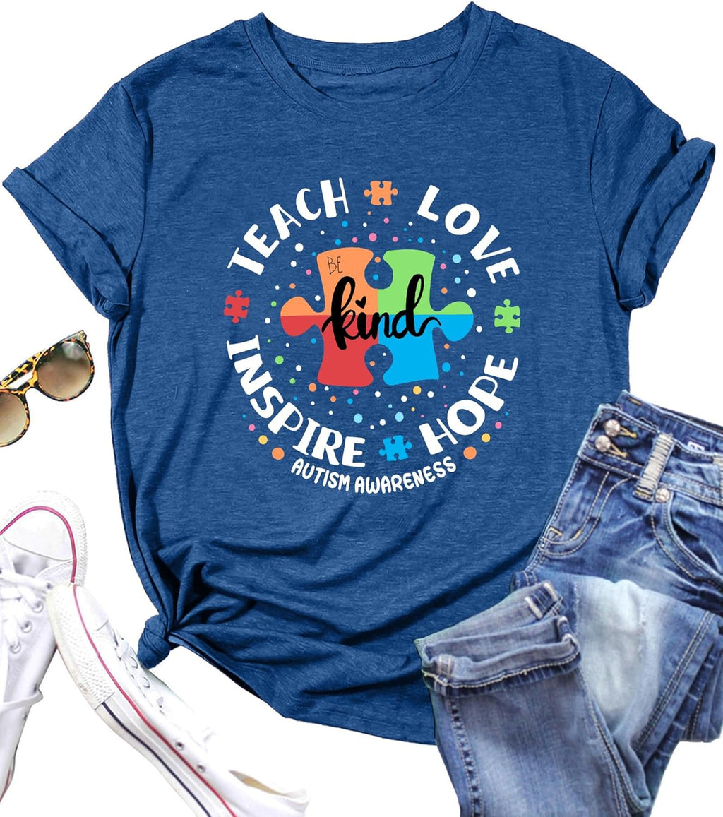 Womens Autism Awareness Teacher Shirts Be Kind T-Shirts Teach Hope Love Inspire Graphic Tees Tops
