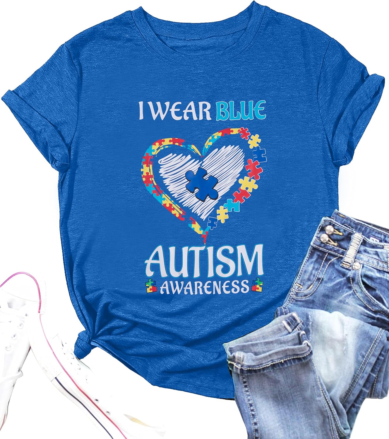 Autism Awareness Shirt Women Blue Ribbon T-Shirt I Wear Blue Tshirt Autism Support Tee Causal Short Sleeve Tee Tops