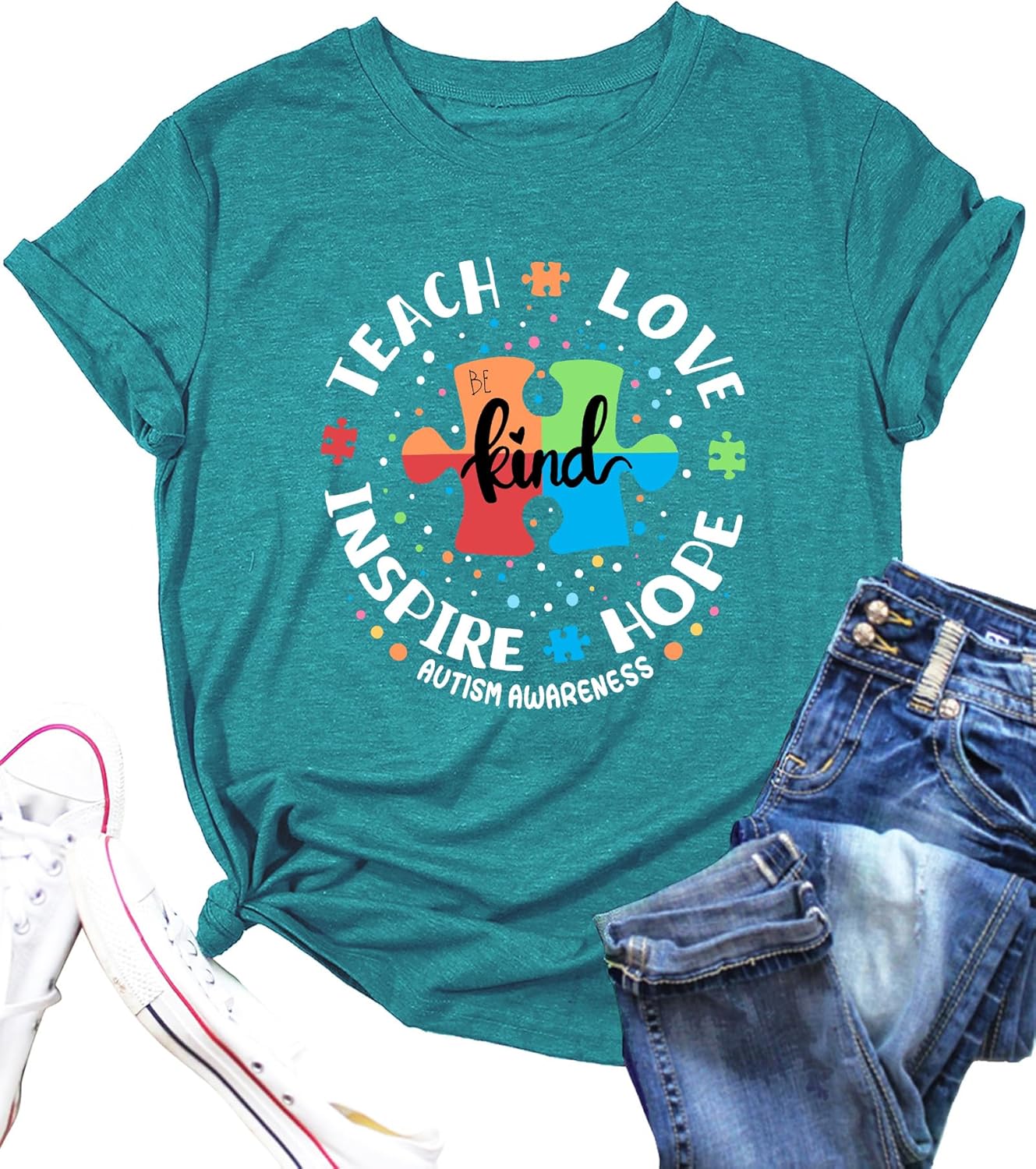 Womens Autism Awareness Teacher Shirts Be Kind T-Shirts Teach Hope Love Inspire Graphic Tees Tops