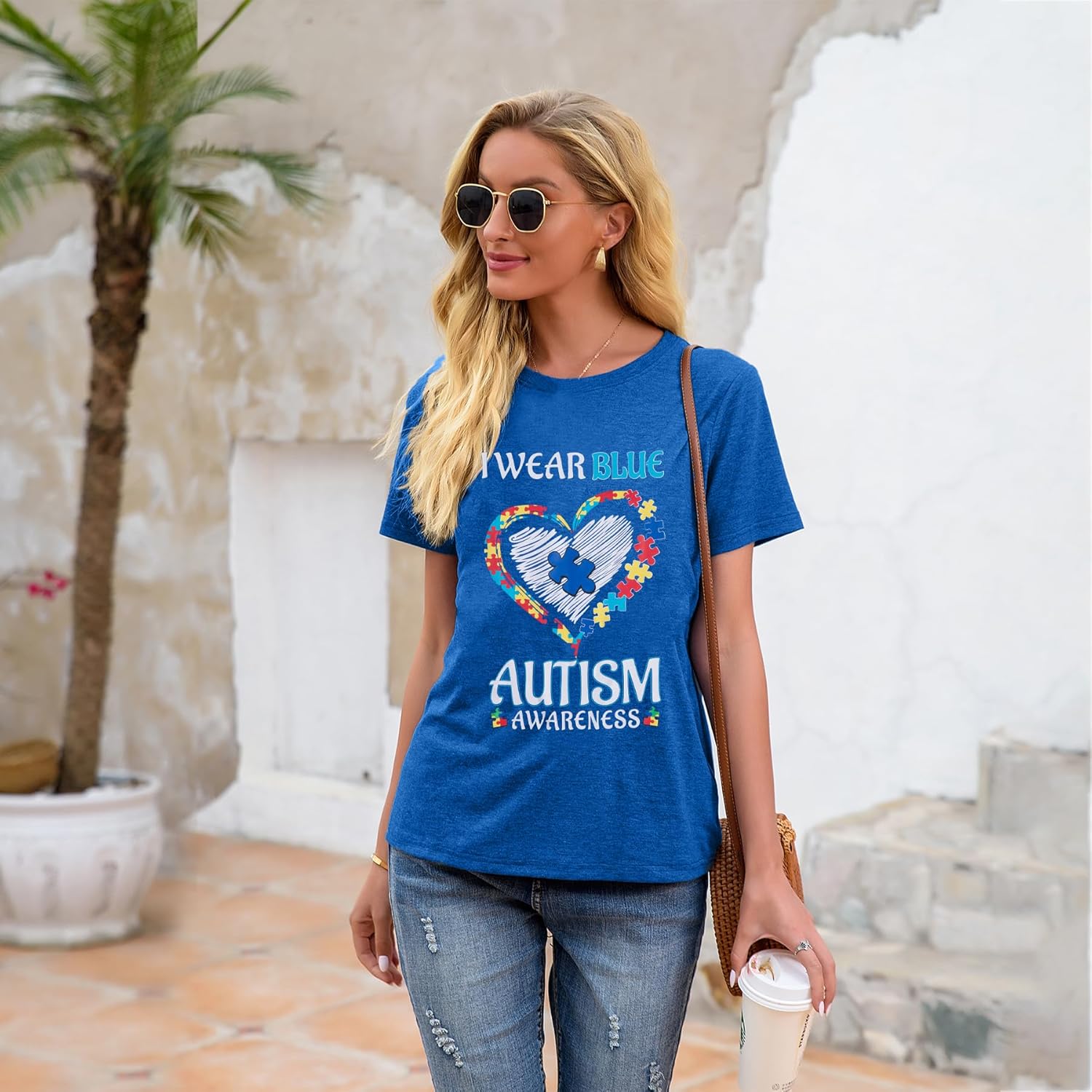 Autism Awareness Shirt Women Blue Ribbon T-Shirt I Wear Blue Tshirt Autism Support Tee Causal Short Sleeve Tee Tops